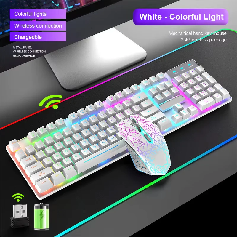 2.4G Wireless Gaming Keyboard and Mouse Combos RGB Led Usb Game Klavye Set for Home Laptop Computer Desktop Win PC Games F2