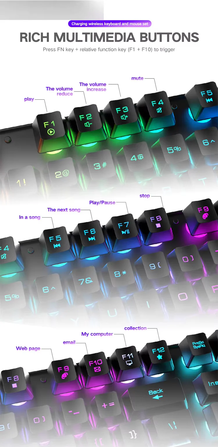 2.4G Wireless Gaming Keyboard and Mouse Combos RGB Led Usb Game Klavye Set for Home Laptop Computer Desktop Win PC Games F2