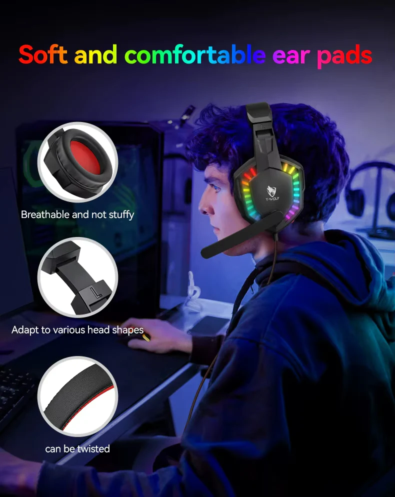 T-WOLF TF880 5IN1 Wired Gaming Keyboard Mouse Mousepad Headset Headphones Speaker Combos Set 104 Keys Gaming Keyboard Set for Pc