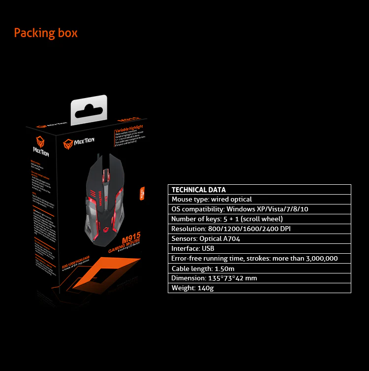 MEETION M915 Wired Gaming Mouse Backlight LED Black Usb Optical for Gamer