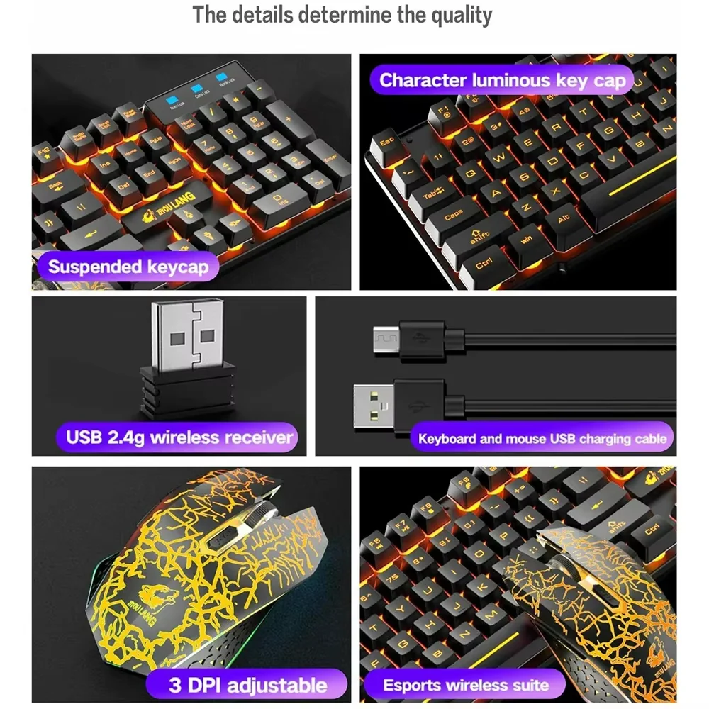 2.4G Wireless Gaming Keyboard and Mouse Combos RGB Led Usb Game Klavye Set for Home Laptop Computer Desktop Win PC Games F2