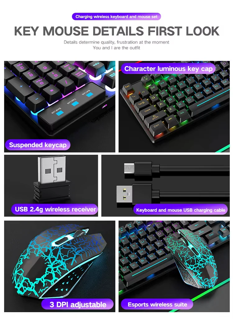 2.4G Wireless Gaming Keyboard and Mouse Combos RGB Led Usb Game Klavye Set for Home Laptop Computer Desktop Win PC Games F2